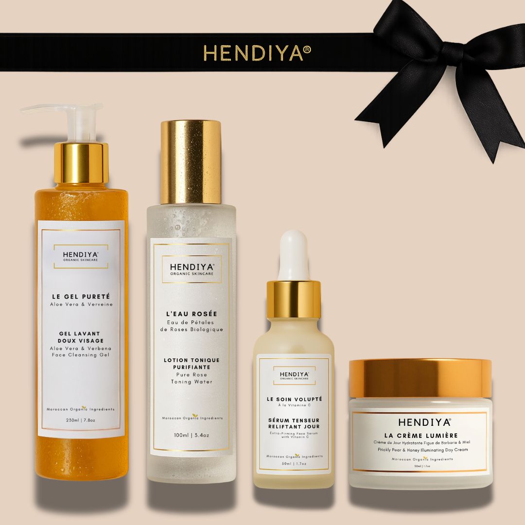 Les 4 produits du Coffret Énergie Hendiya : Gel Pureté, Eau Rosée, Soin Volupté et Crème Lumière