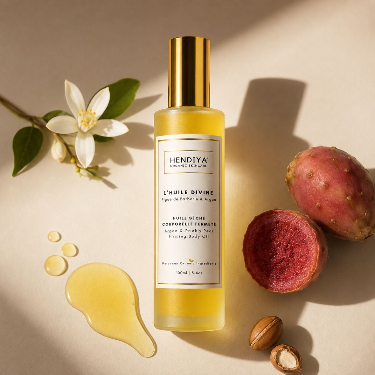 Natural composition of L'Huile Divine Hendiya®, prickly pear, argan and orange blossom