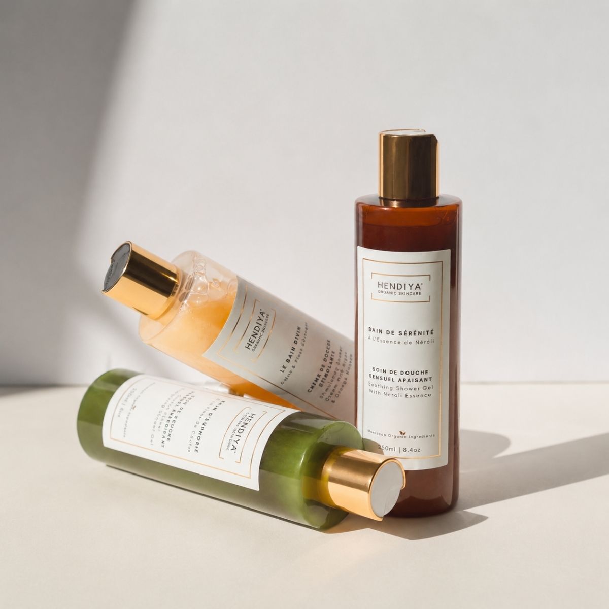 Range of natural shower gels by Hendiya®, cactus flower, orange blossom and neroli