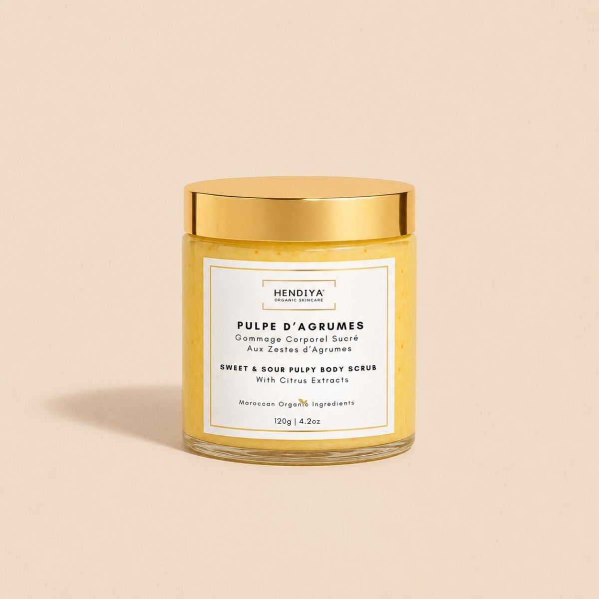 Citrus Pulp Body Scrub jar Hendiya®, organic sugar and citrus body scrub