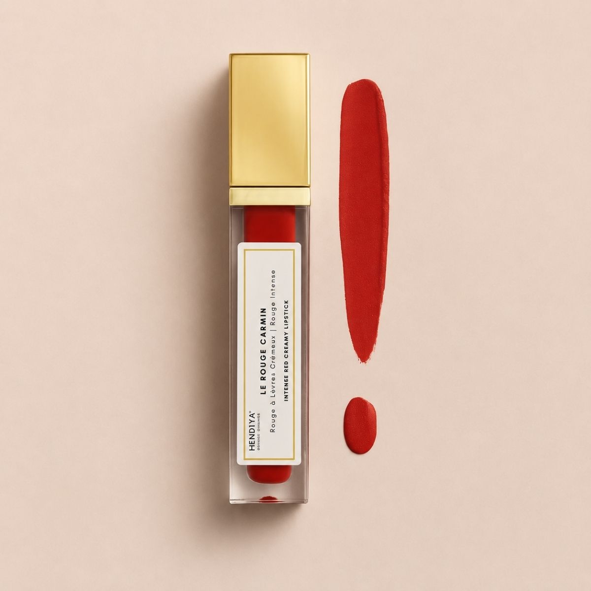 Le Rouge Carmin Hendiya lipstick with a color swatch, creamy organic intense red lipstick