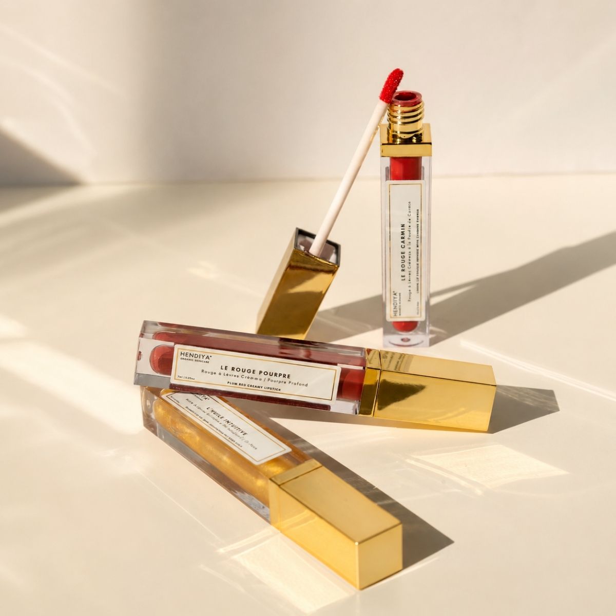 Range of natural Hendiya lipsticks, including Le Rouge Carmin
